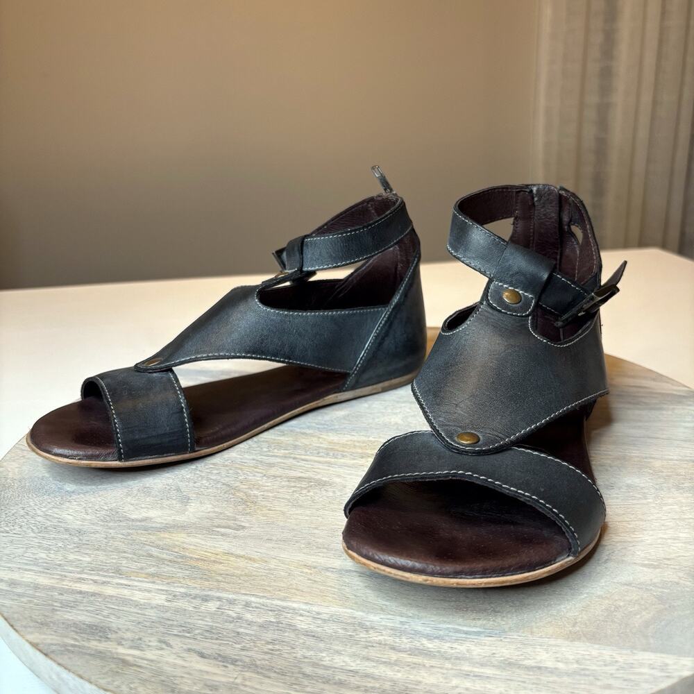 Bed Stu Roan Hali Black Leather Slingback Sandals Flats US Size 7.5